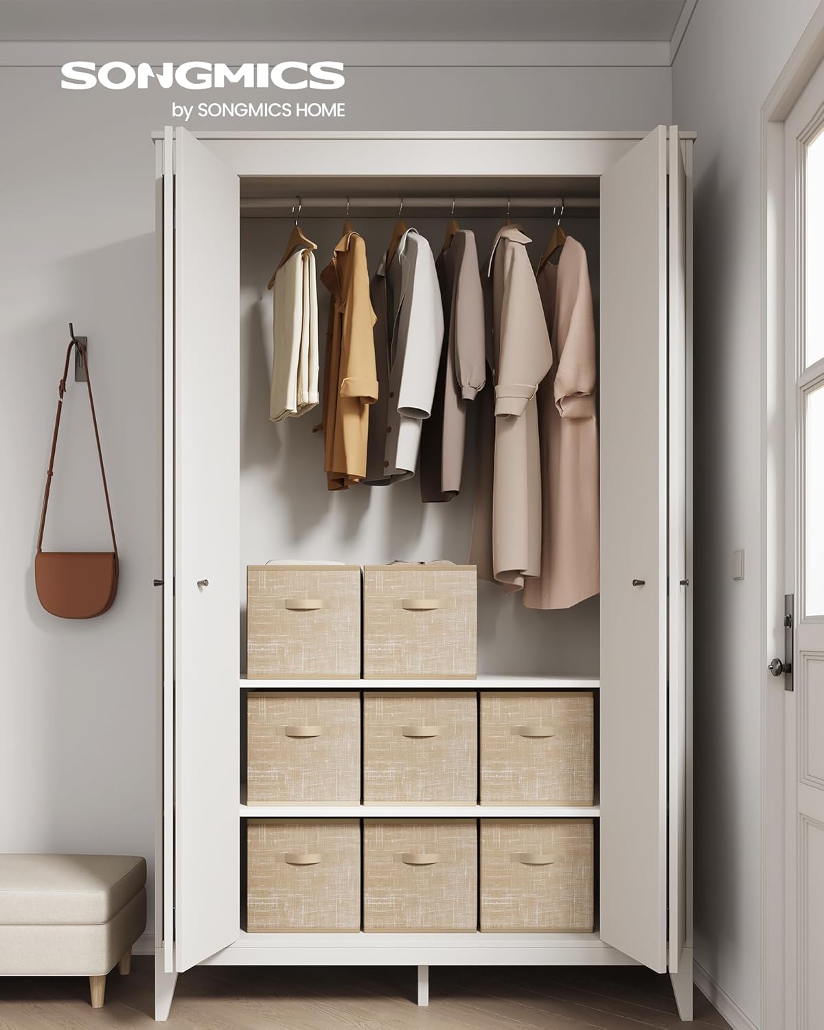 SONGMICS Storage Cubes, 13 x 13 x 13 Inches Non-Woven Fabric Bins with Double Handles, Set of 8, Closet Organizers for Shelves, Foldable, for Clothes, Sand Beige UROB833K03