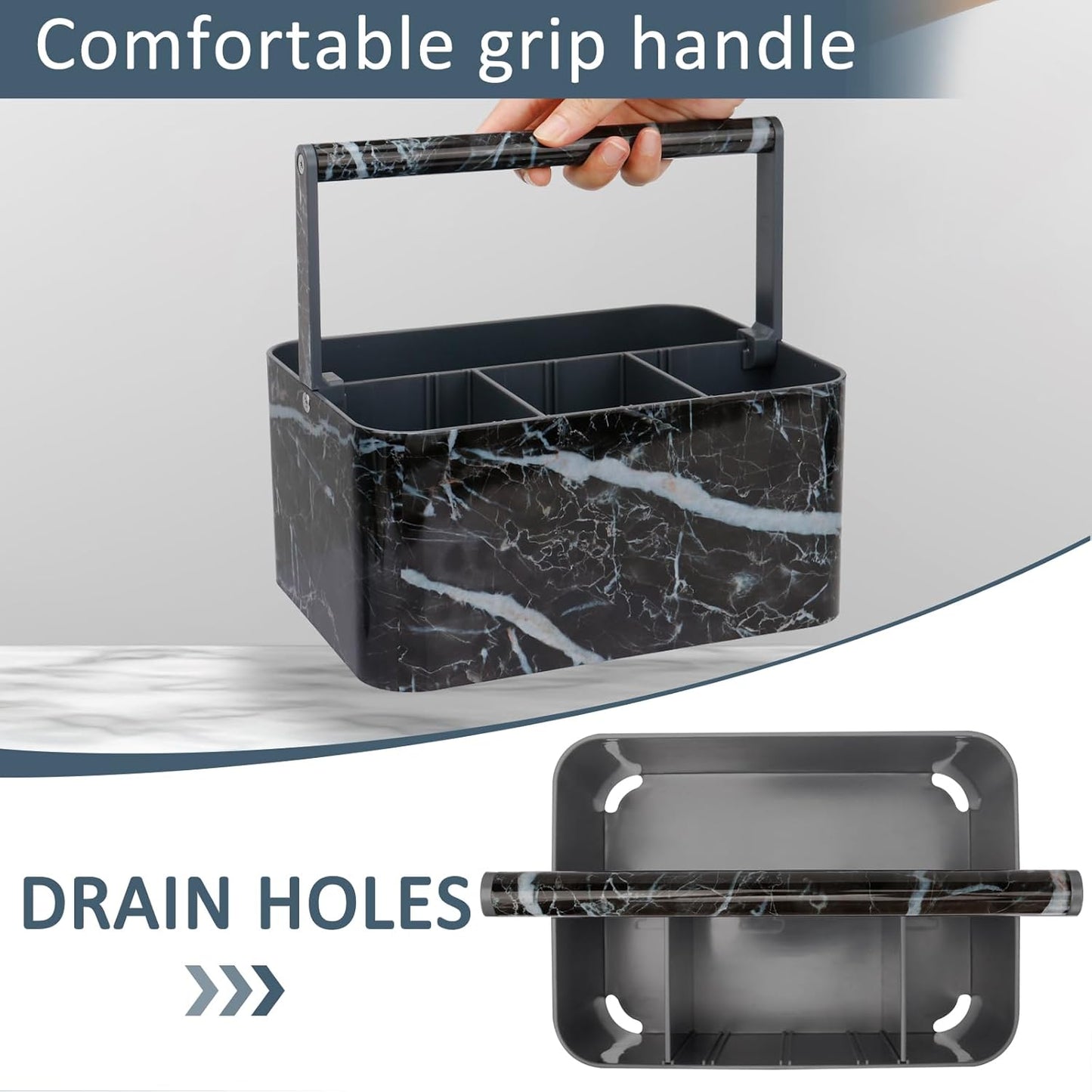 Plastic Shower Caddy Dorm: Portable Bathroom Caddy Organizer for College with Handle and Adjustable Divider, Utility Hard Shower Basket Bath Tote for Toiletry, Shampoo, Soap (Black Marble)