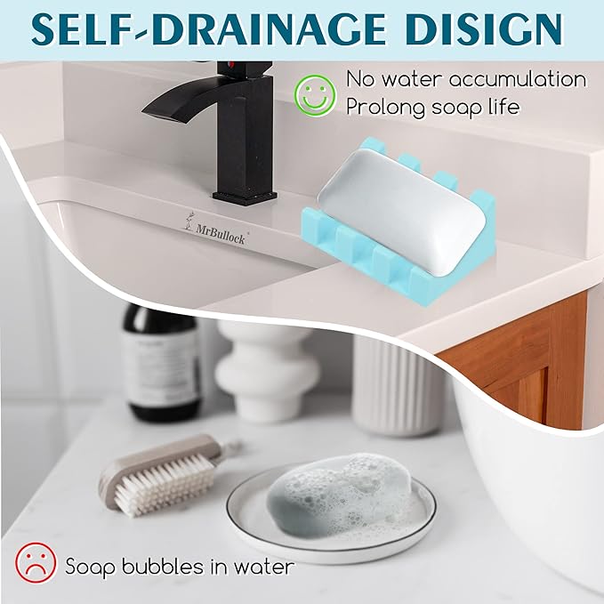 Silicone Soap Dish for Bar Soap Holder for Shower Bathroom Self Draining Waterfall Drying Tray Keep Soap Bars Dry Clean & Easy Cleaning (Sky Blue,2)