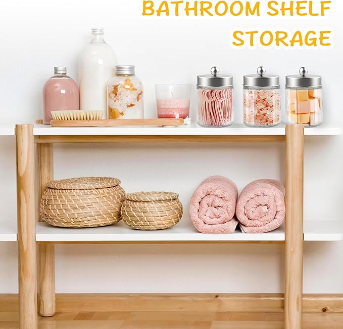 2 Pack Glass Apothecary Jars with Lids for Bathroom, Cute Qtip Holder, Silver Bathroom Accessories Set, Small Bathroom Canisters with Lids for Q-Tips, Cotton Swabs, Silver Bathhouses Decor