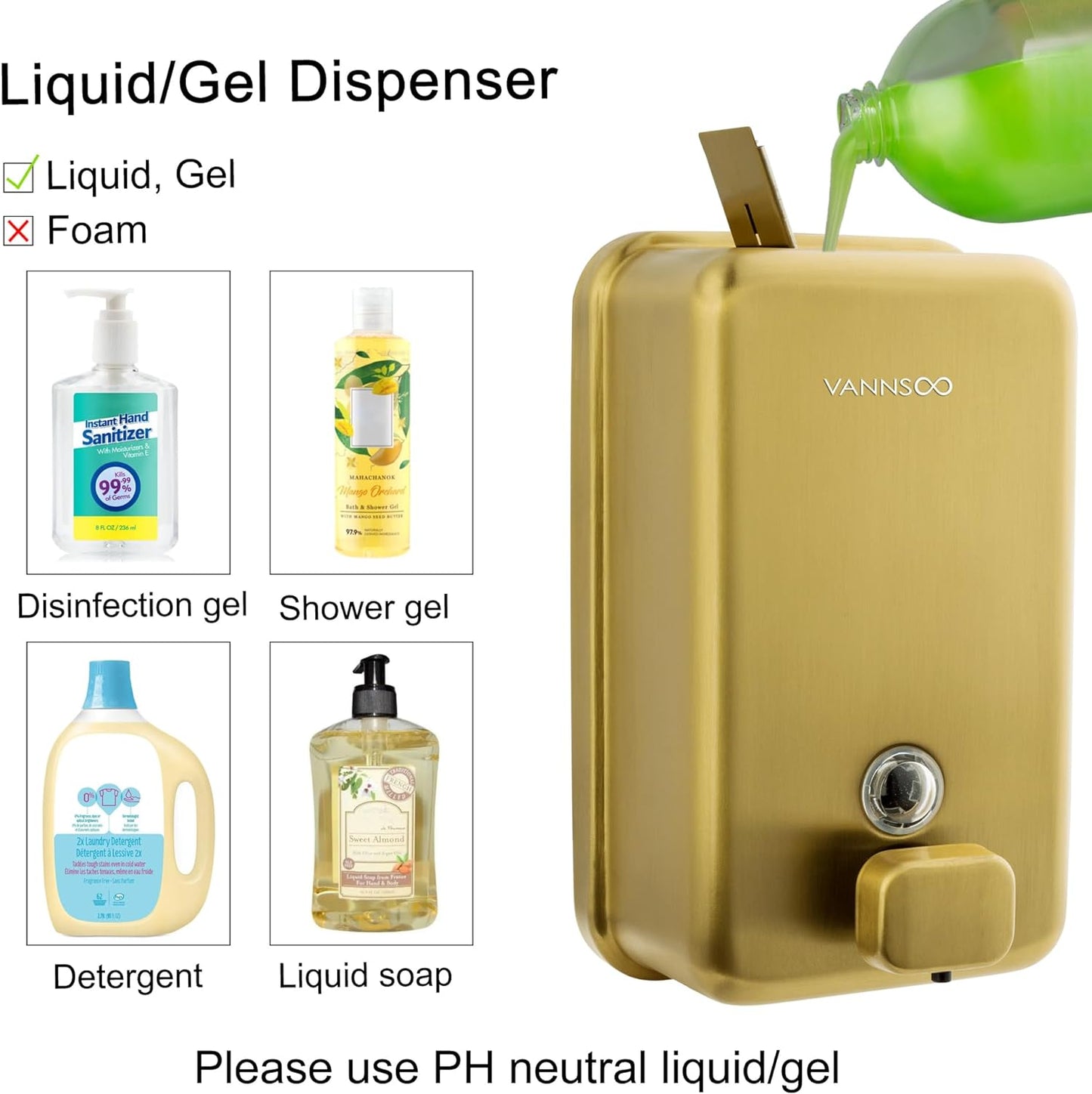Wall Mounted Hand Soap Dispenser Bathroom, 1200ml 40oz Commercial Stainless Steel Liquid Soap Dispenser Wall Mount (Vertical Gold)