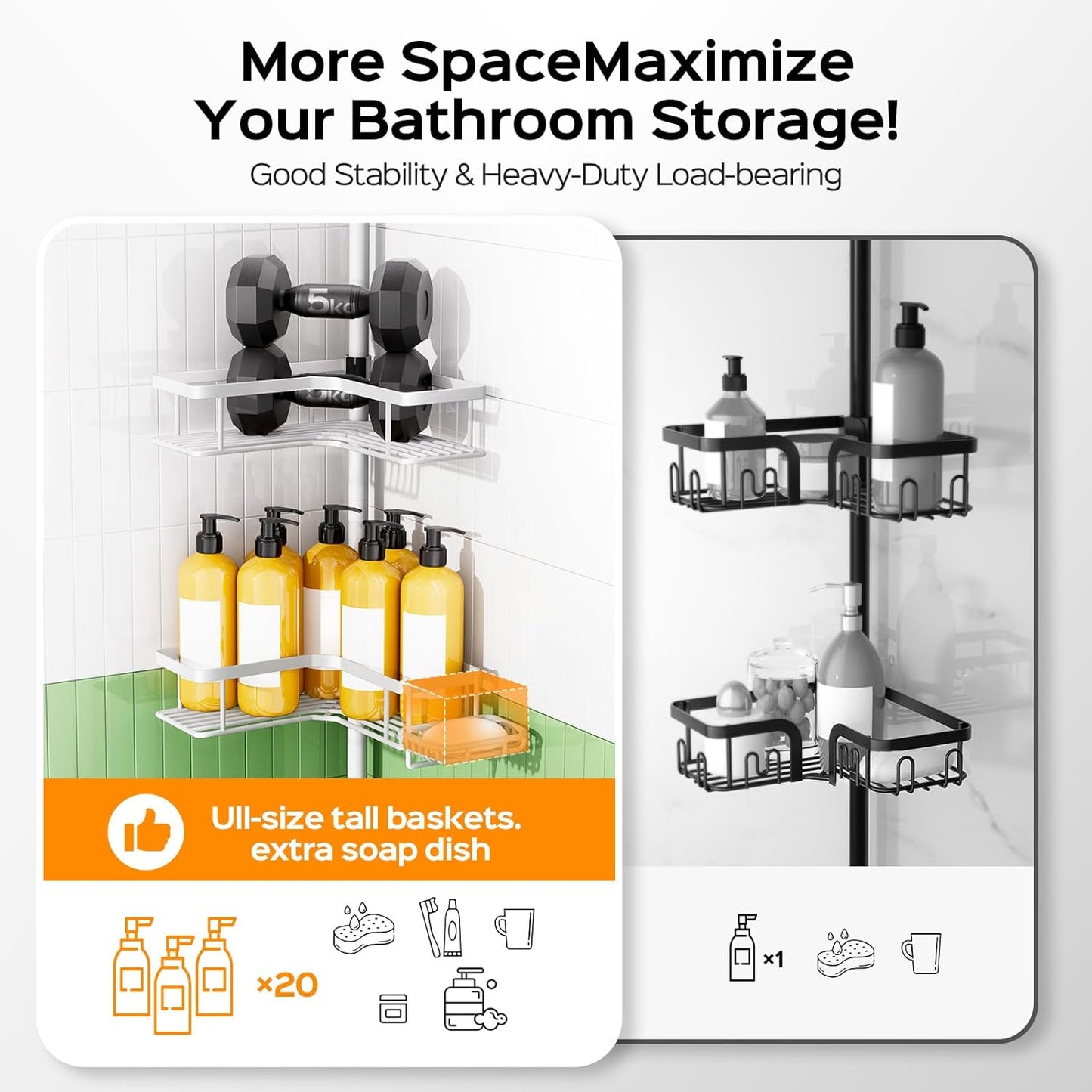 HAMITOR Corner Shower Caddy White: 4-Tier Rustproof Bathroom Bathtub Organizer Shelf with Soap Holder & Hooks - No-Drill Adjustable Standing Tension Pole Rack for Apartment Renters - 47-123 Inch