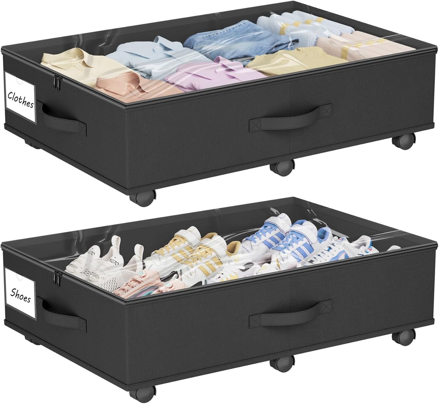 Under Bed Storage with Wheels, 2-Pack Under Bed Storage Containers with Clear Lid and Handles, Rolling Underbed Storage Drawers Organizer for Clothes,Shoes,Toys, Books (Black)