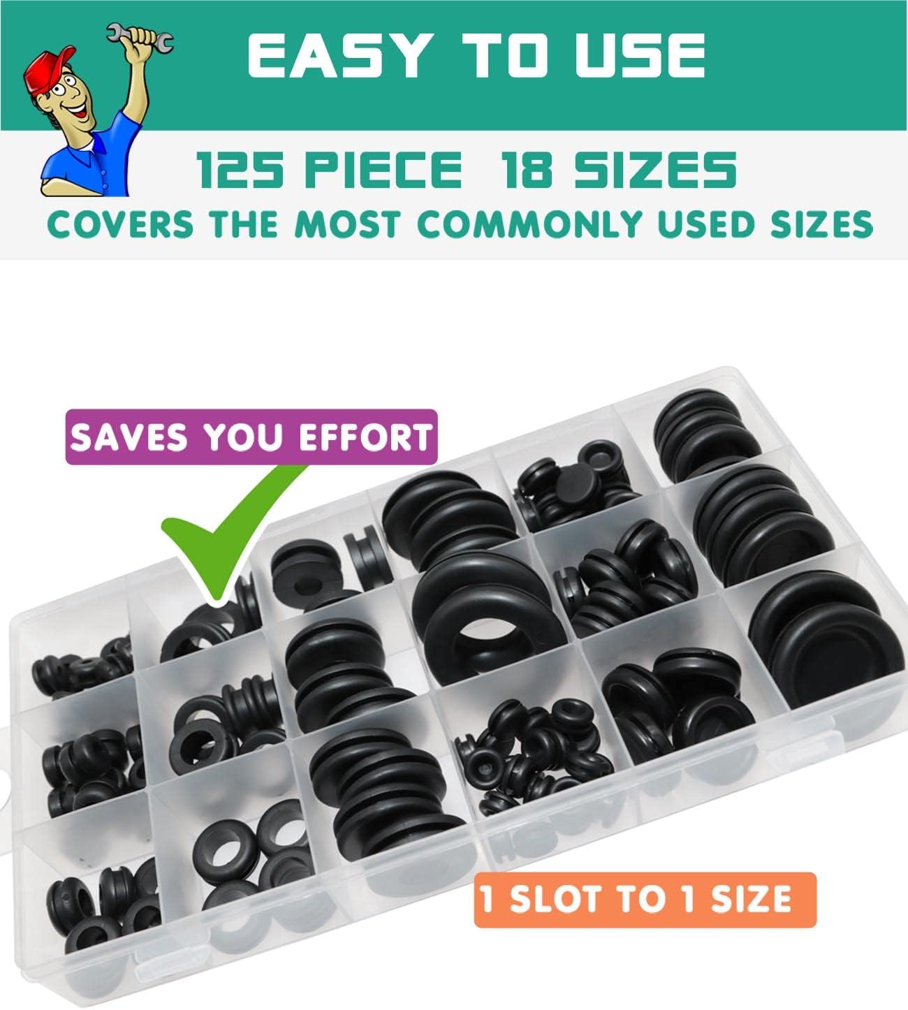 Rubber Grommet 125 PC - 18 Sizes Firewall Rubber Hole Plugs Rubber Grommets for Wiring, Automotive Firewall Grommet, Home Improvement Cord Pipe Wire Organization