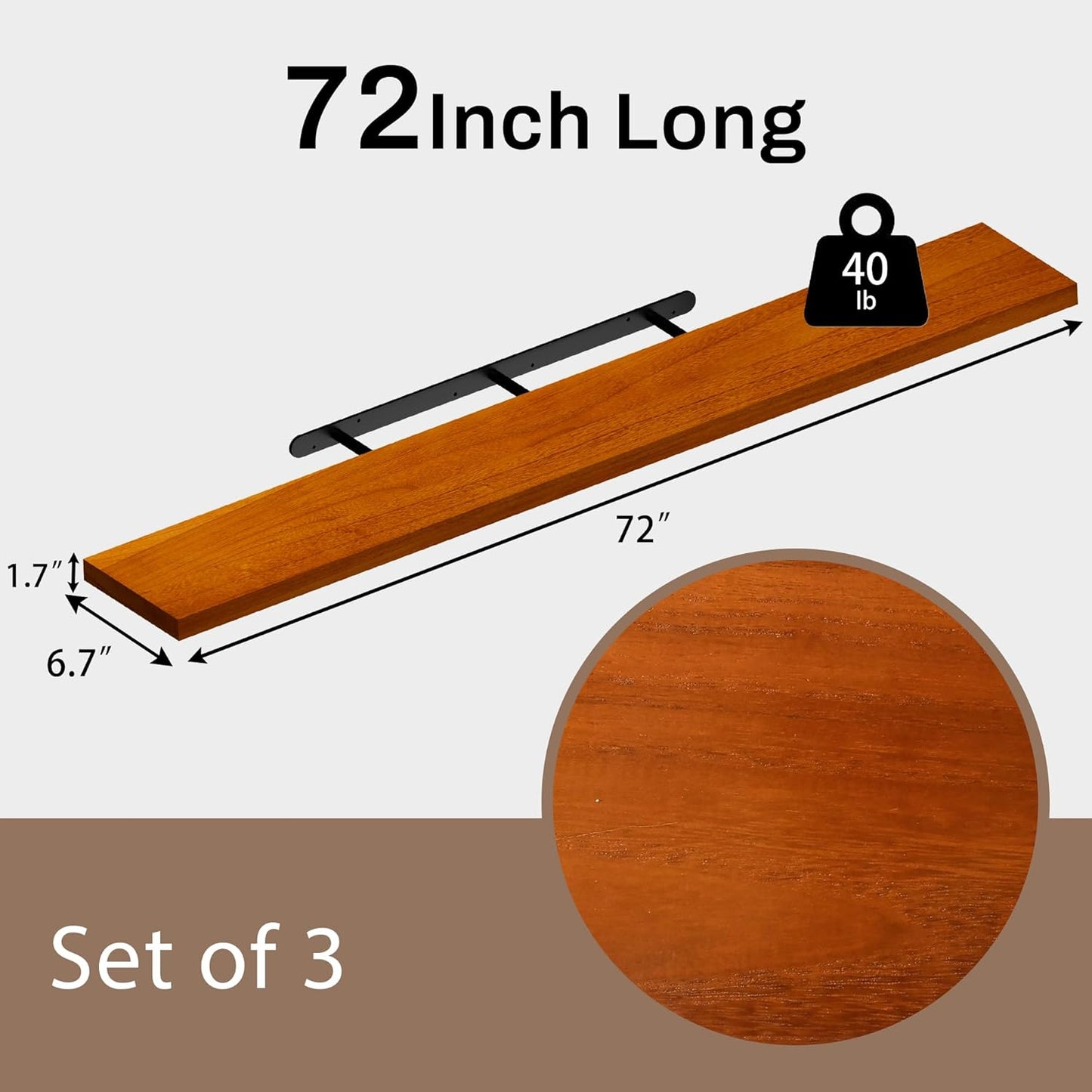 Floating Shelves for Wall, 72 Inch Extra Long Brown Wall Shelves, Set of 3, Hanging Invisible Brackets Floating Shelves for Living Room,Bedroom,and Kitchen (Brown, 3T72IN)