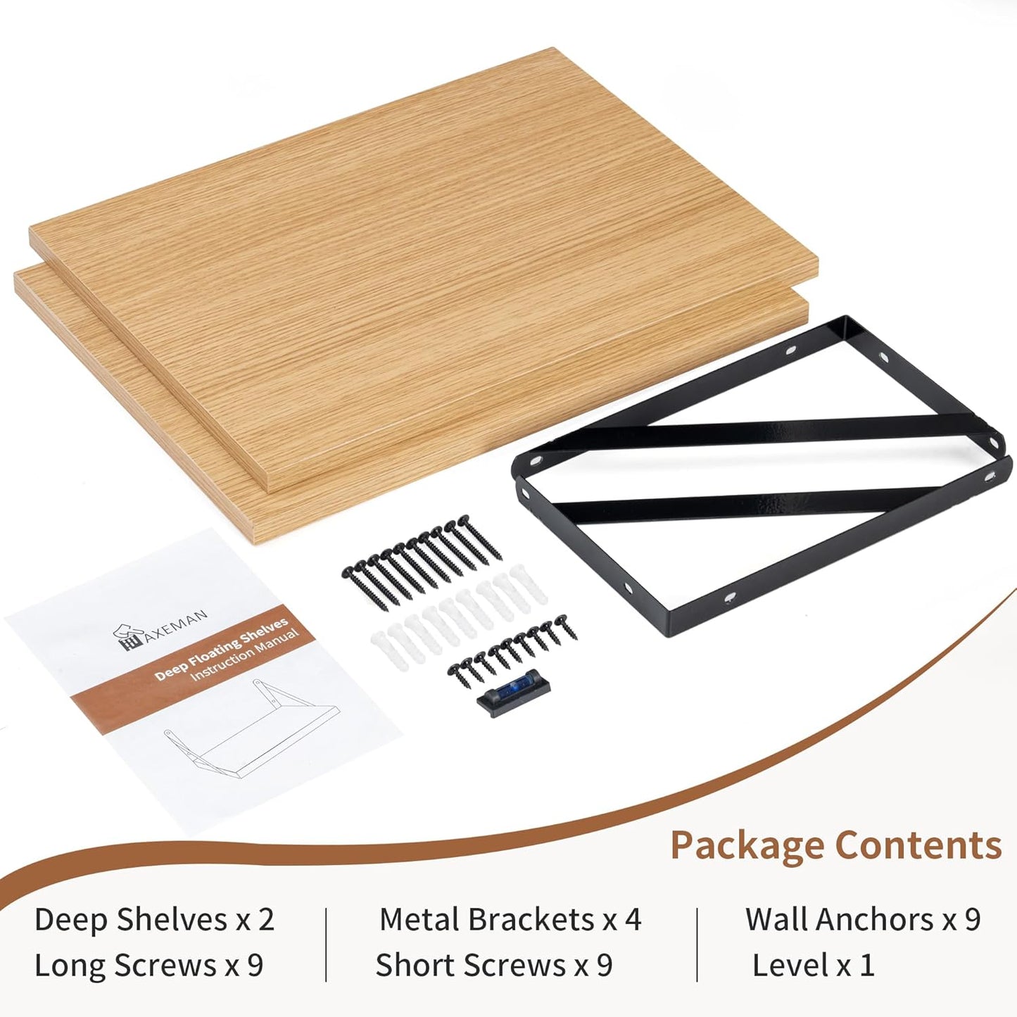 Axeman Deep Floating Shelves, 12 Inch Deep Rustic Oak Floating Wall Shelves Set of 2, 16W x 12D Large Floating Shelves Living Room Cleanning Room Laundry Room Garage - Oak with Black Brackets