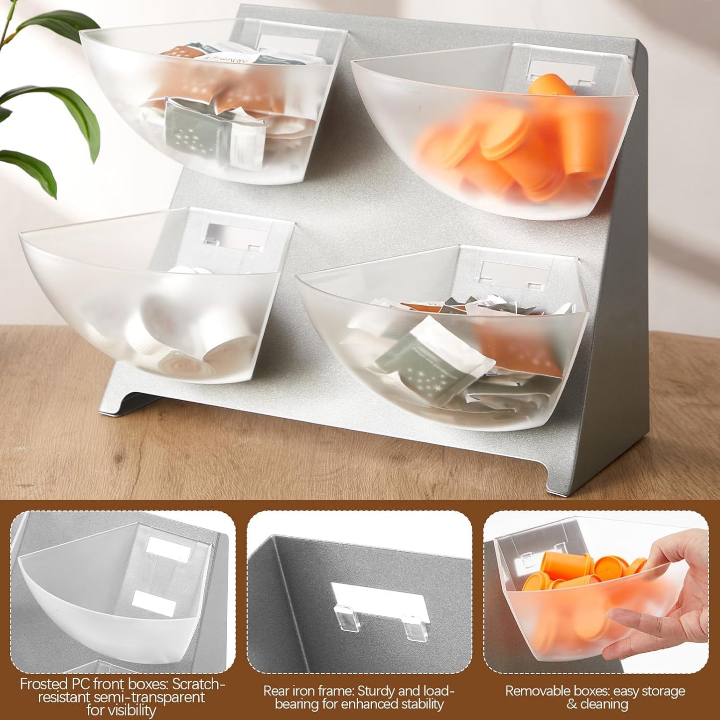 15.5 x 10 x 10.5 Inch Coffee Accessory Caddy with 4 Removable Compartments Steel Condiment Organizer Condiment Packet Sugar Holder for Bar Countertop Break Room Home Kitchen (Silver)