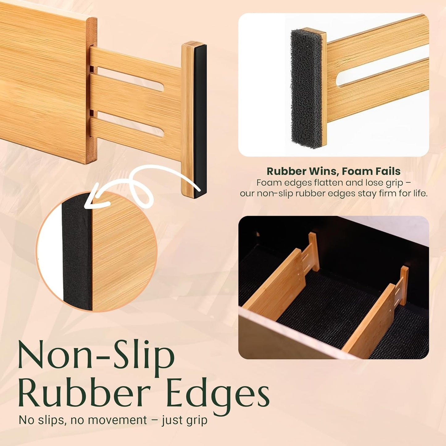 Adjustable Bamboo Drawer Dividers 6 Pack, Expandable Drawer Organizer for Kitchen, Bedroom, Bathroom and Dresser, Each Divider Expands from 12" to 17.5" Height 4.5 – Free Mat Included in Package.