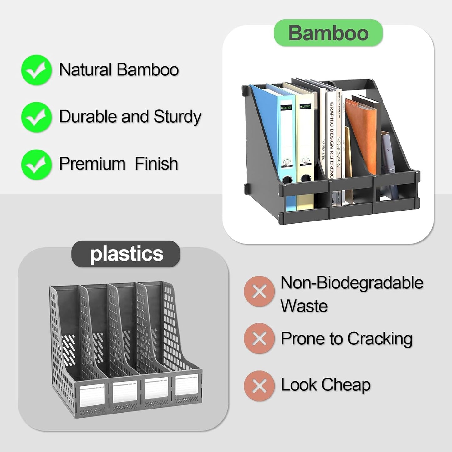 Bamboo Desktop Magazine Holder Desk File Organizer 3 Compartments Vertical File Dividers Book Holder Frames Document Cabinet Rack Storage Organizer Box for Home Office School Black (Black)