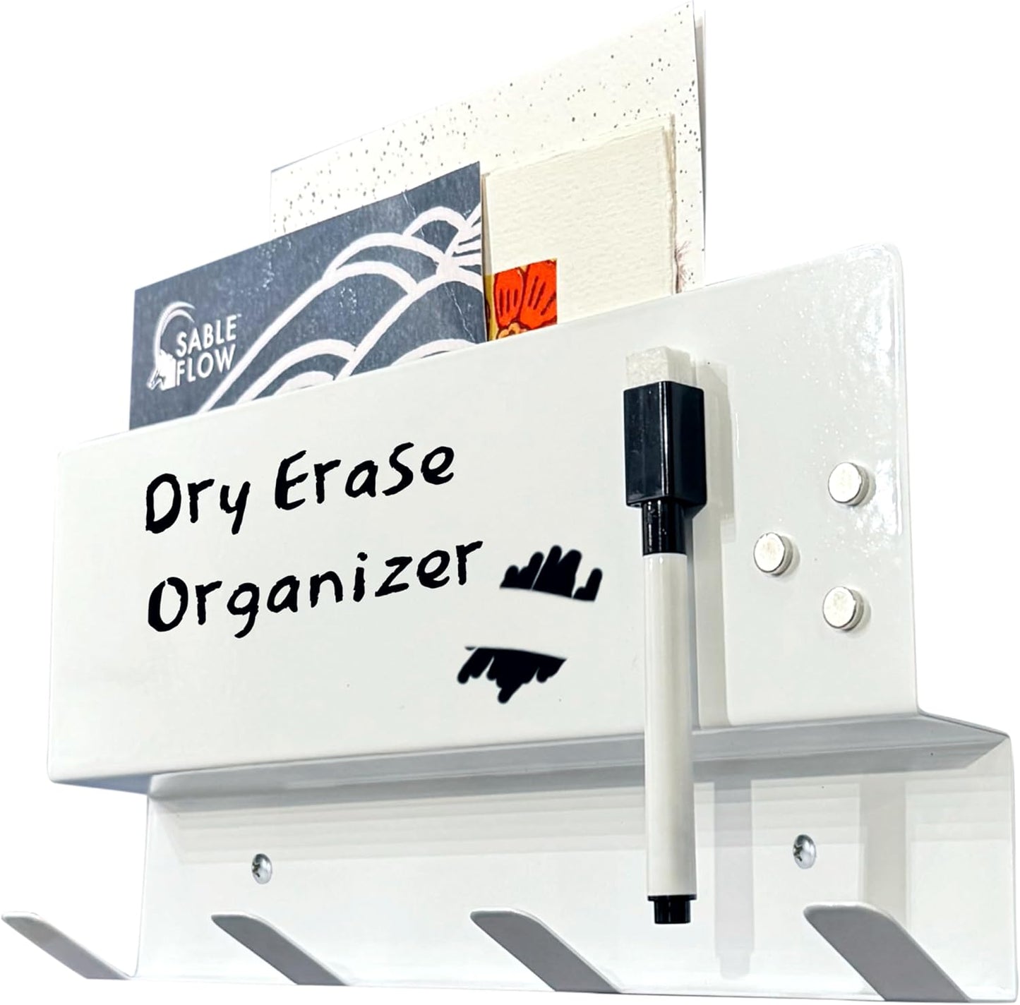 4-Hook Wall Organizer with Whiteboard - Keys, Mail, Coat Hanger for Home & Dorm. Includes Marker & Magnets- Sable Flow