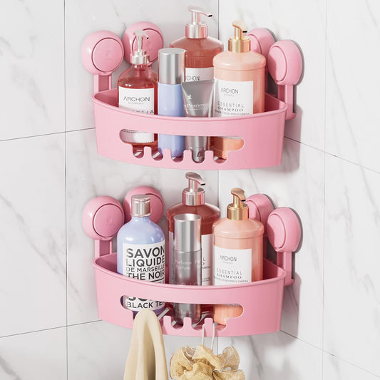 LEVERLOC Corner Shower Caddy Suction Cup, shower shelves suction cup, 2 Pack Basket Powerful Bathroom, Waterproof & Oil-proof Organizer for Kitchen, No-Drilling Removable (Pink)