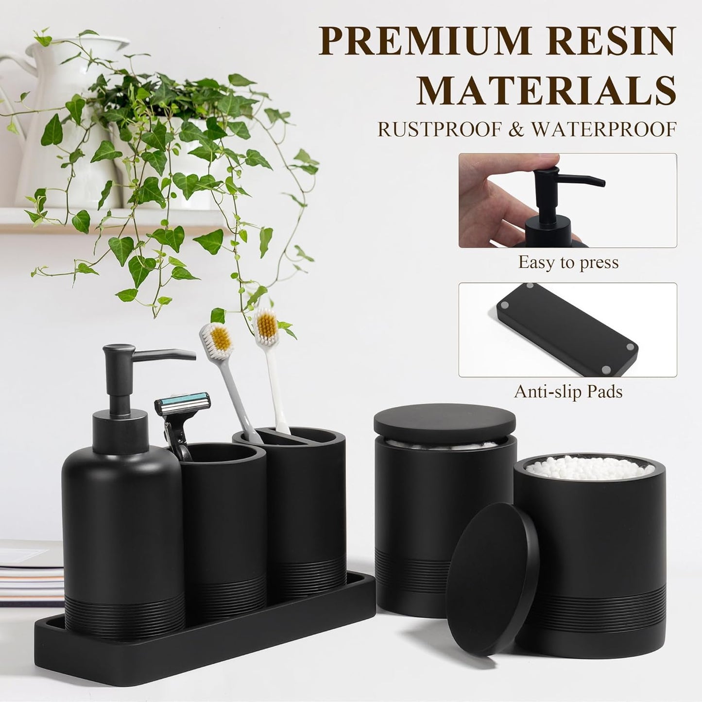 Bathroom Accessories Set, 6-Piece Bathroom Accessory Set, Toothbrush Holders Set, Soap Dispenser, Vanity Tray, Tumbler, Cotton Swab Jars, Bathroom Organizer for Modern Bathrooms(Matte Black)