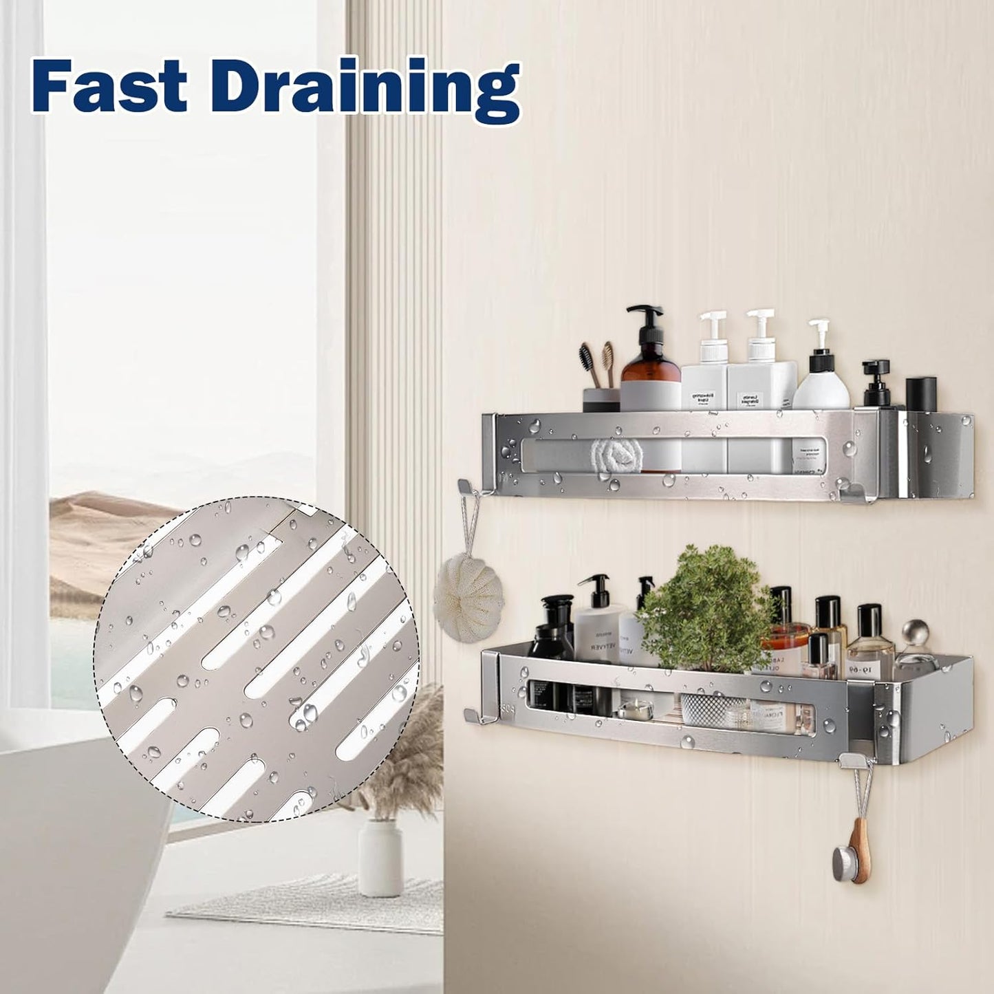 NearMoon Bathroom Shower Caddy 2 Pack, No Drill 304 Stainless Steel Shower Organizer with 2 Hooks (Shower Shelf, Brushed Nickel)