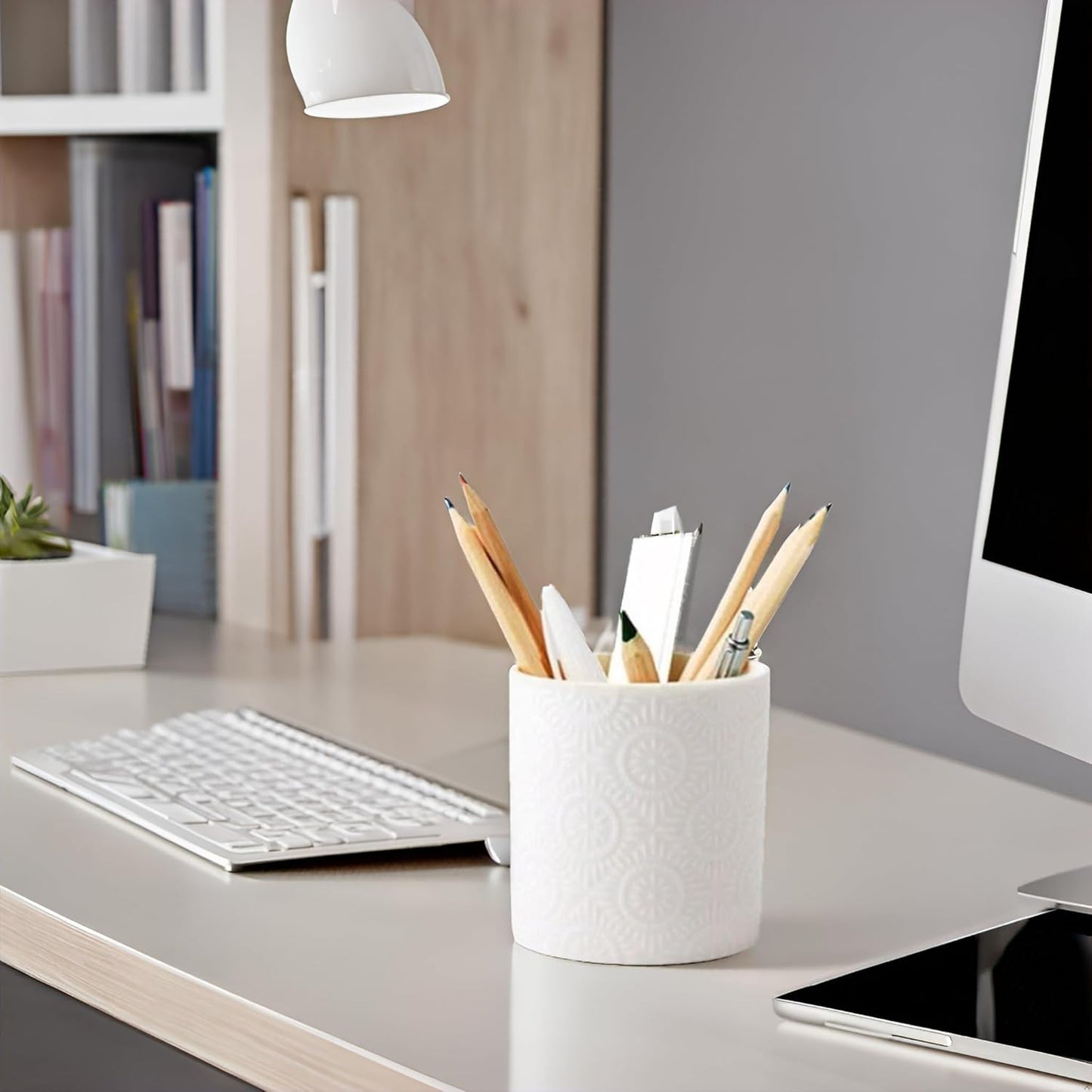 Pen Holder,Nordic Style Ceramic Waterproof Pencil Holder for Desk Simple&Modern Minimalist Makeup Organizer Multifunctional Office Supplies for Home,Kids and Schoo,White