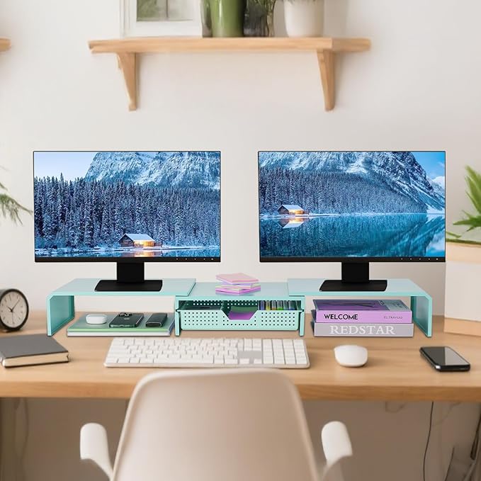 Dual Monitor Stand Riser with Drawer, Desk Organizer and Accessories, Metal Laptop Stand for Desk, Workspace Desktop Stand for Computer, Laptop, TV and More (Sky Blue)