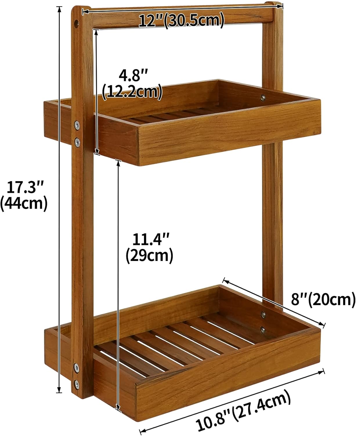 Utoplike Teak Wood Shower Caddy Corner, 2 Tier Bathroom Organizer Countertop, Standing Shower Rack with Handle, Stand Up Shower Basket for Shampoo, Shelf Rack for Inside Shower, Kitchen Desktop