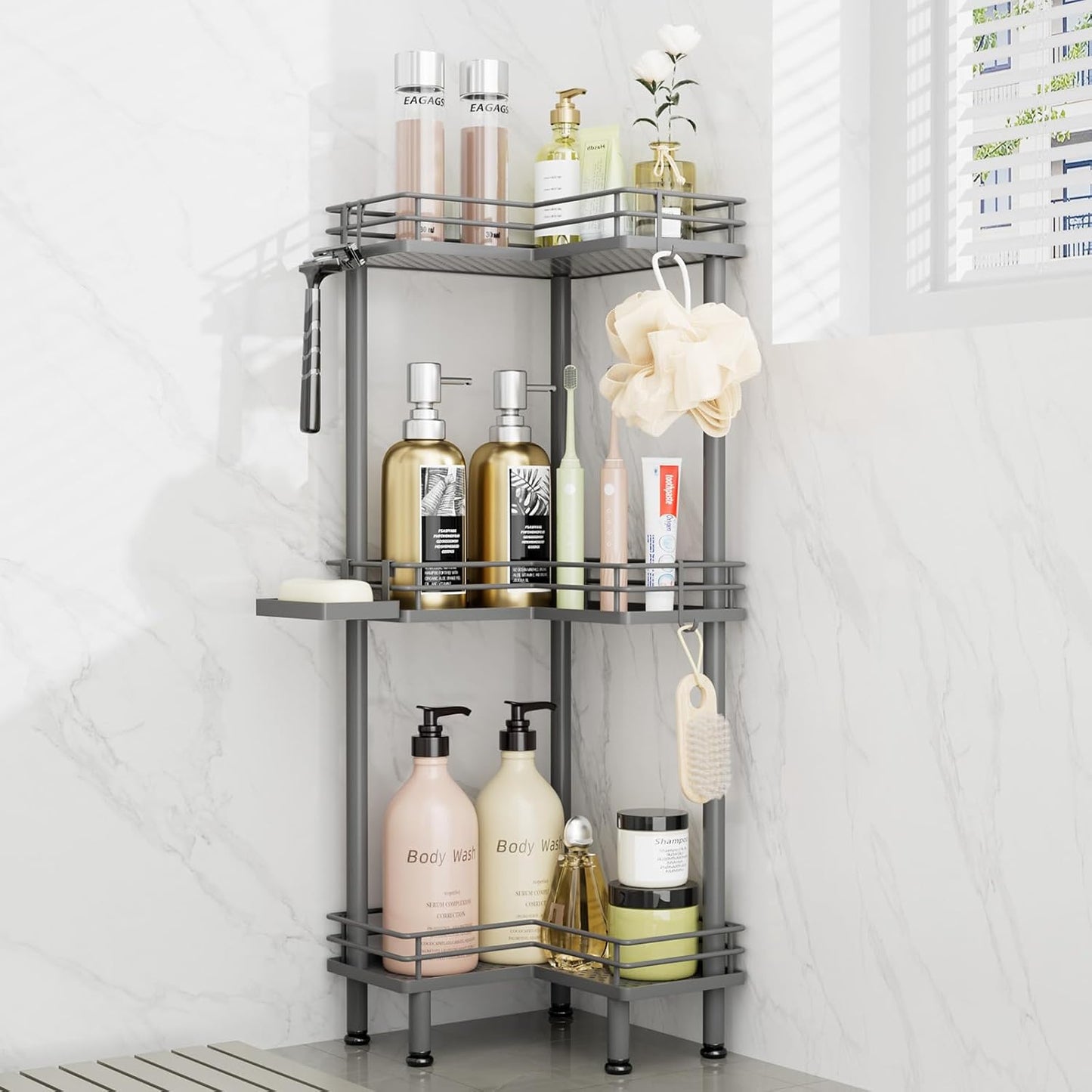 Consumest Corner Shower Caddy Standing - 3-Tier Stainless Steel Shower Organizer with Soap Holder and 4 Hooks, Large Capacity Corner Shelf Stand for Bathroom, Rest Room, Grey