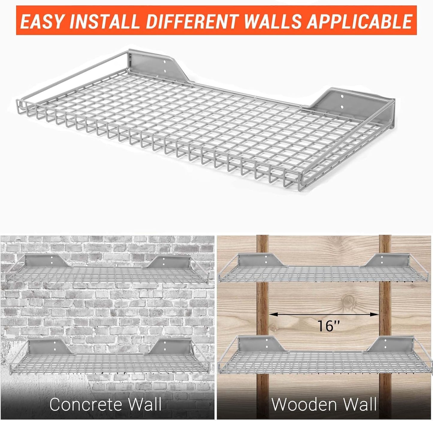 Wallmaster Heavy Duty Garage Wall Shelving 2 Pack 23.6"x11.8" Metal Wire Shelves Wall Mount Mesh Storage Rack for Garage, Office, Basement and Kithcen, max Load 65 lbs (Grey)