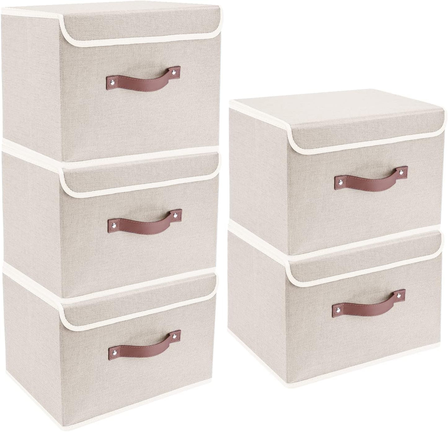 TYEERS Foldable Storage Boxes with Lids 5 Pack Fabric Storage Bins with Lids, Closet Organizers for Clothes Storage, Room Organization, Office Storage, Toys - Beige