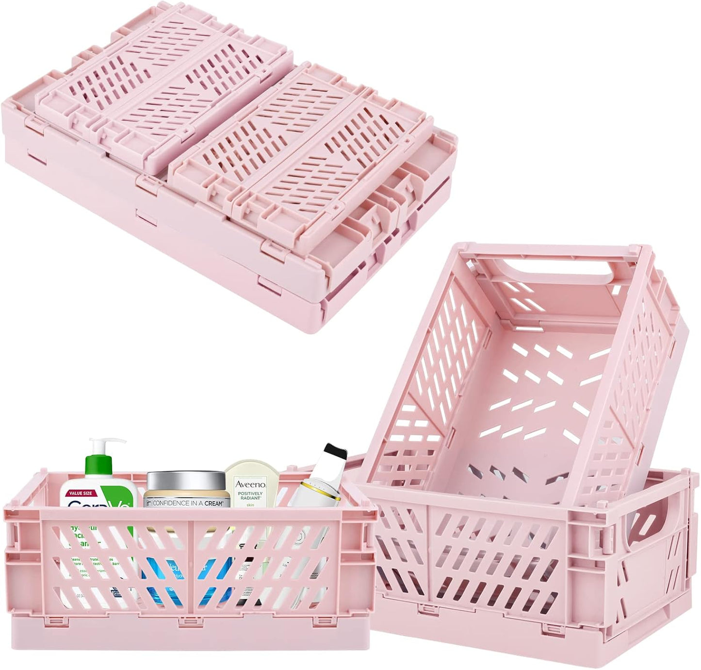 Plastic Baskets for Desk Organizing, Drawer Organizer, 2 Medium+2 Small Durable Folding Storage Crate for Home Kitchen Classroom Office Bedroom and Bathroom (Pink)