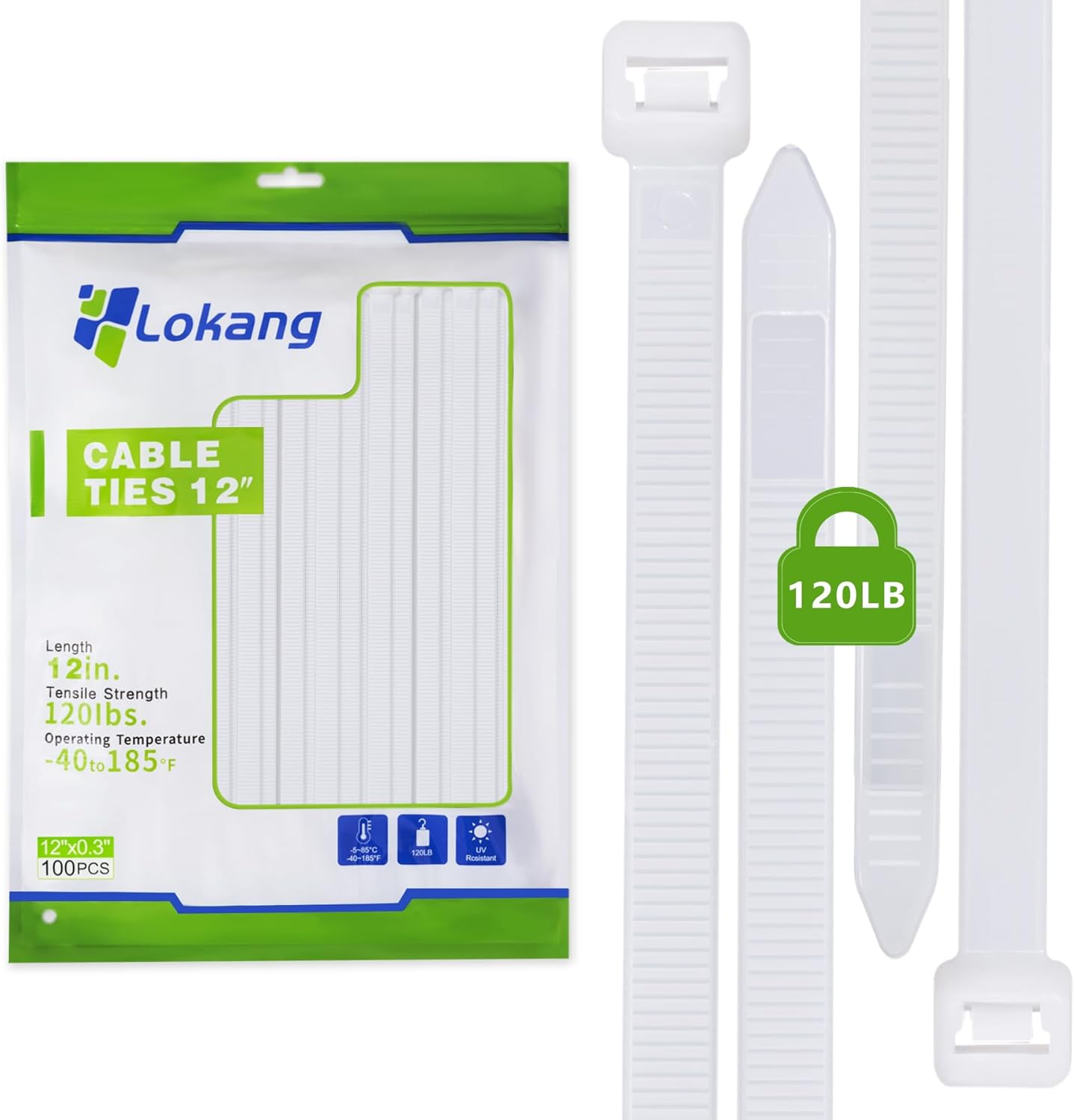 Cable Zip Ties 100 Pack, 12 Inch Zip Ties Heavy Duty, 120lbs Tensile Strength Wire Ties, White Cord Organizer for Indoor and Outdoor. By LOKANG