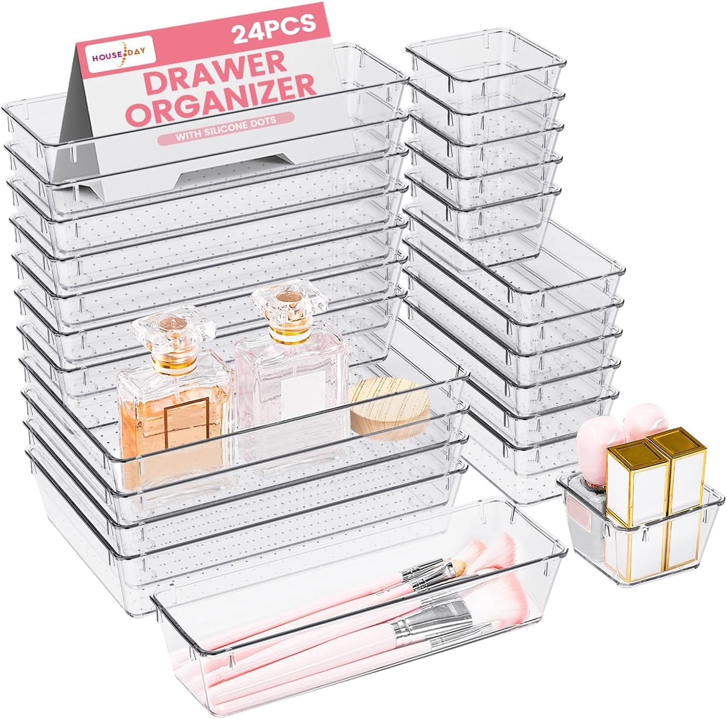 HOUSE DAY Makeup Drawer Organizer Trays 24 PCS, 4-Size Clear Drawer Organizers with Silicone Pads, Vanity Organizers and Storage, Non Slip Plastic Drawer Organizer for Desk, Bathroom, Kitchen, Office