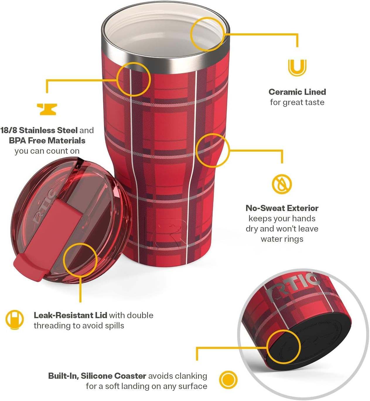 RTIC 30oz Essential Tumbler with Lid, Ceramic Lined, Insulated, Stainless Steel, Metal, Double Wall Vacuum-Insulation, Travel Cup for Iced Coffee, Tea, Hot and Cold Drink, Red Plaid