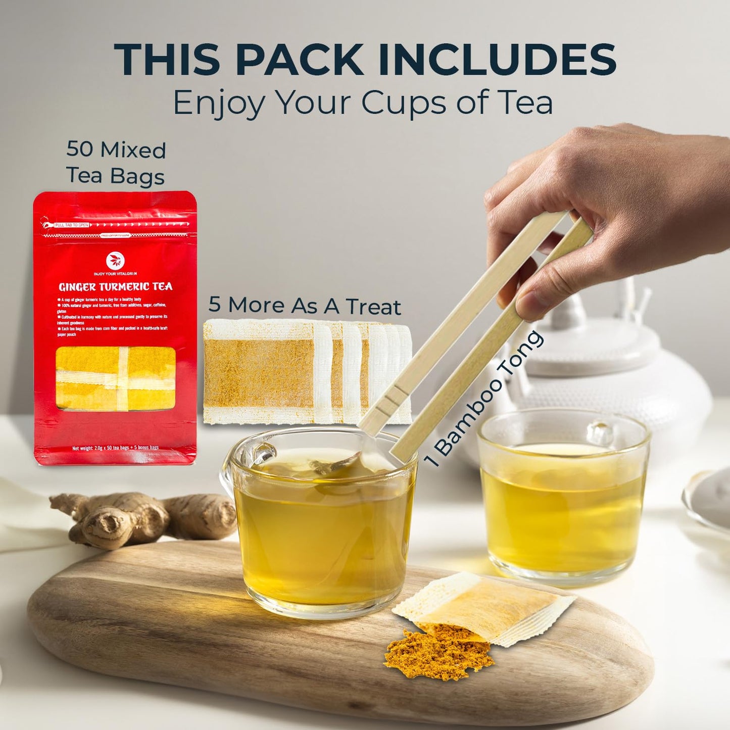 Turmeric Ginger Tea Bags - 55 Count (+5 Tea Bags) Bamboo Tong Included - 5.11 oz, Re-Steep Herbal Blend, No Sugar, No Additives, Body Warm, Health &Support