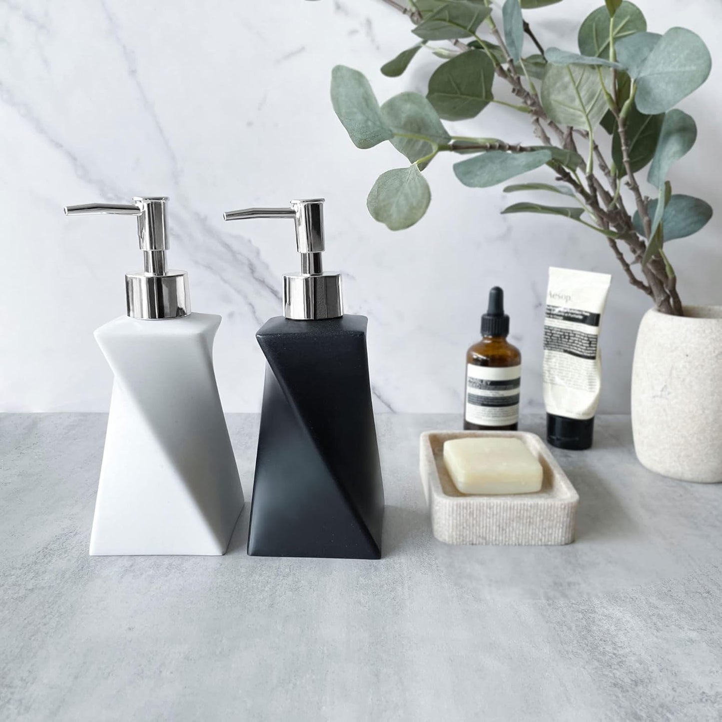 2 Pack Modern White & Black Soap Dispenser Set with Silver Pump for Bathroom and Kitchen, Contemporary Art Style, Matte Finish, Rust Proof, 8.5oz