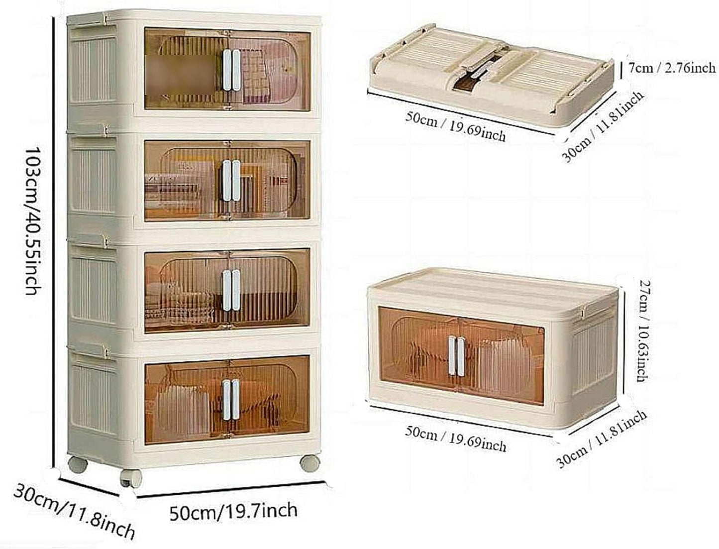 Holaki 156 QT Collapsible Closet Organizers with Lid, 4 Tier Stackable Plastic Storage Bins Cabinet with Wheels and Magnetic Door (White)