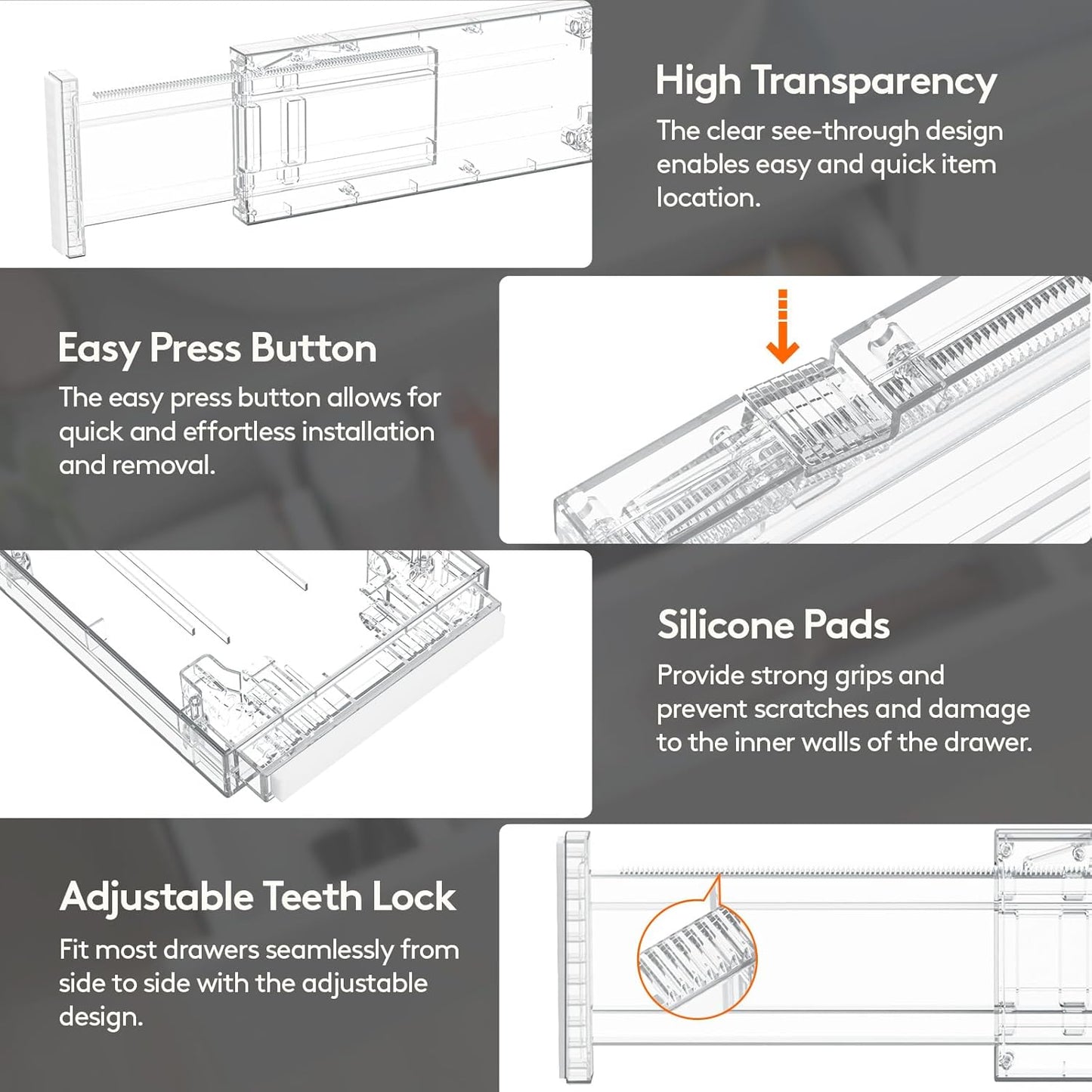Lifewit 8 Pack Drawer Dividers 4" High, 11-17" Adjustable Dresser Drawer Organizers for Clothes, Expandable Dresser Separators in Bedroom/Bathroom/Kitchen/Vanity/Office Organization and Storage,Clear