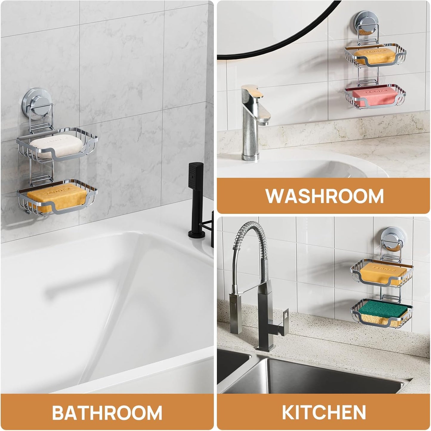 LEVERLOC Bar Soap Holder Dish Suction Cup Wall Mounted, Stainless Steel Double Layer Soap Saver for Shower Bathroom Bath Tub Kitchen Sink, Removable Waterproof, Keep Dry, Silver