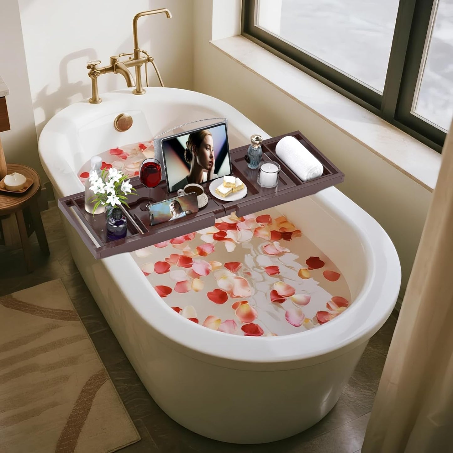 Bathtub Tray Caddy, Expandable Bath Trays for Tub, Bamboo Shelf & Table with Wine Glass Holder,Bathroom Accessories for New Home & Mothers Day & Birthday Gifts for Mom,Brown