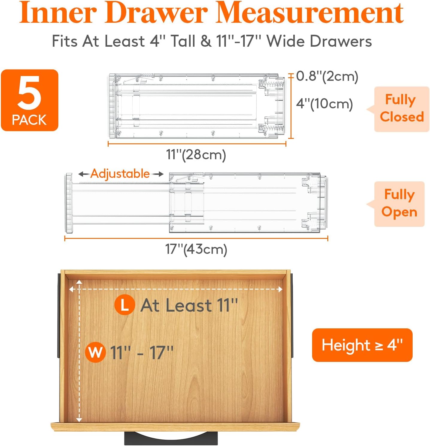 Lifewit Clear Drawer Dividers Adjustable Clothes Drawer Organizers, Expandable Drawer Separators, 5 Pack, 4" High/11-17 Long
