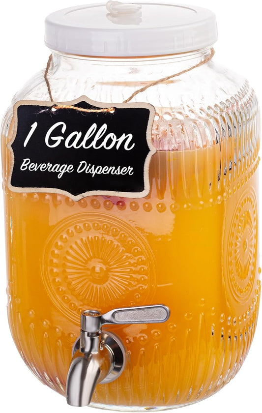 Amzcku 1 Gallon Glass Beverage Dispenser, 18/8 Stainless Steel Spigot and Lid With Ventilation Holes- Glass Drink Dispensers for Parties - Mason Jar Drink Dispensers with Lids