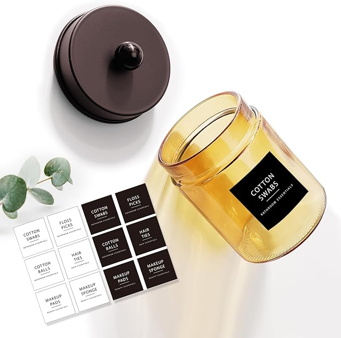 Amolliar Bronze Glass Apothecary Jar With Metal Lid & Stickers, Bathroom Qtip Dispenser Storage Canister, Perfect for Cotton Balls, Cotton Swabs, Makeup Pads, Bath Salt, Floss, 1 Pack (Bronze)