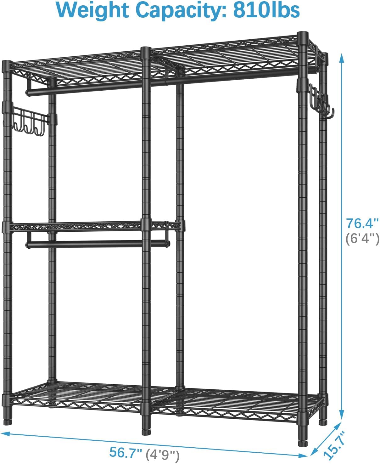 VIPEK V4 Heavy Duty Clothing Rack for Hanging Clothes 810lbs Load Capacity, Double Rod Garment Rack with Adjustable Shelves & Side Hooks, Metal Wardrobe Closet System Easy to Assemble, (Black)