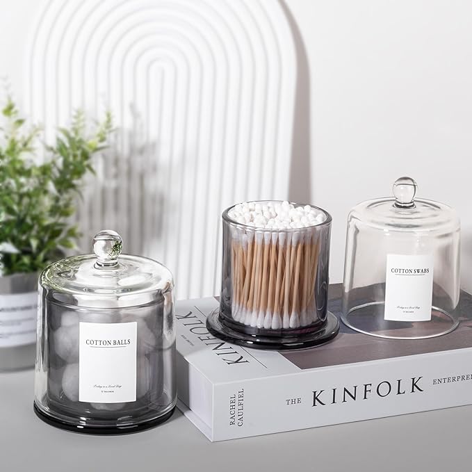 rejomiik 2 Pack Qtip Holder Thick Glass Apothecary Jars with Lid for Bathroom Accessories Vanity Organizers and Makeup Storage for Cotton Ball, Swabs, Makeup Sponges, Candy, Jewelry, Grey