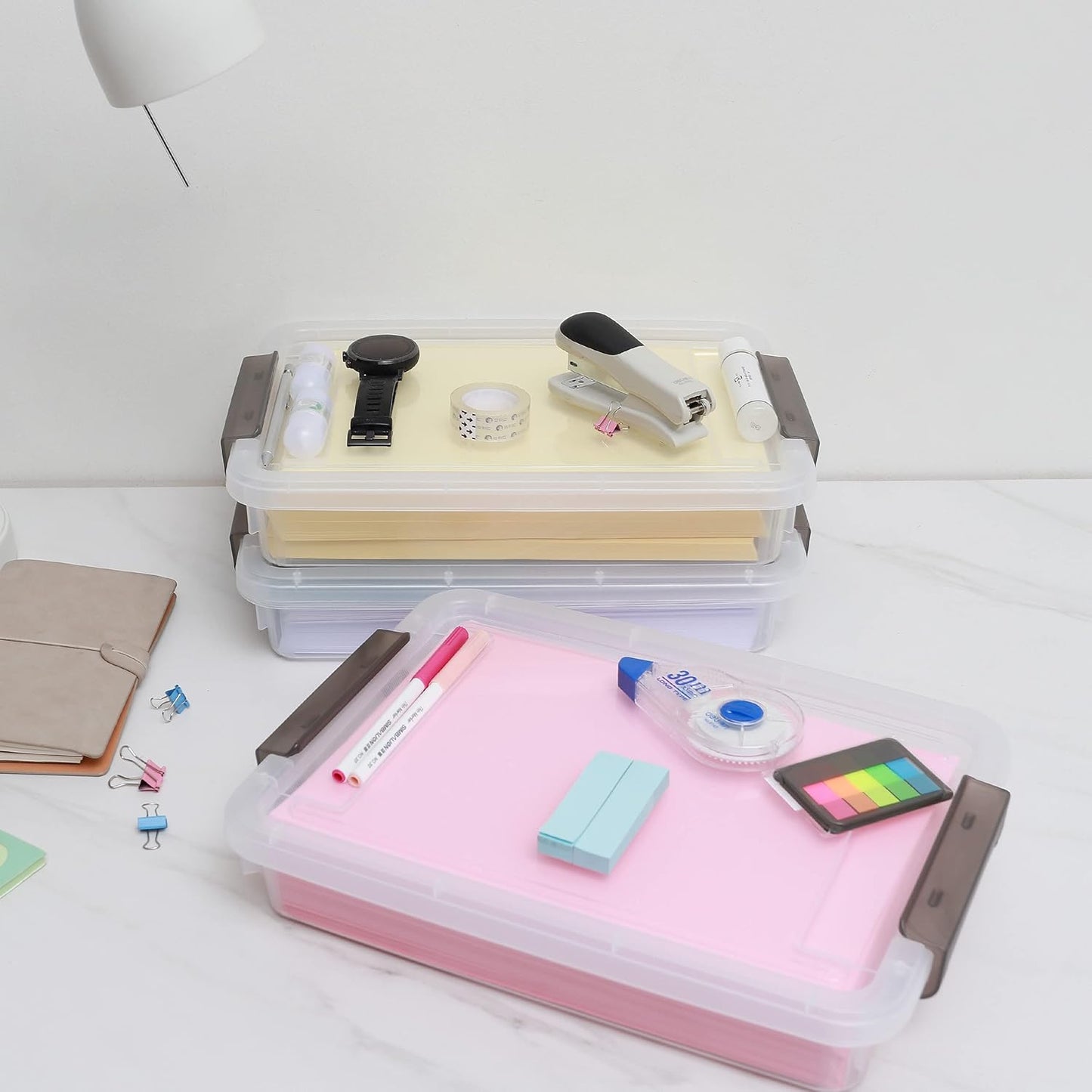 Citylife 3 PCS Plastic Storage Bins with Latching Lids Portable Project Case Clear File Box Stackable Storage Containers for Organizing B5 Paper, Photo, Document, Scrapbook