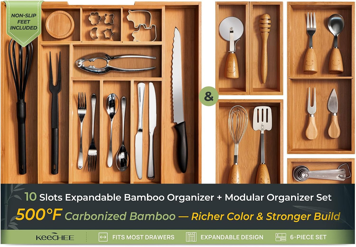 6-Piece Bamboo Drawer Organizer Set, 2.2" Deep Multi-Use Organizers for Utensils, Silverware, Cutlery, Desk, Bathroom, Junk Drawer & Makeup, Non-Slip Feet Included.