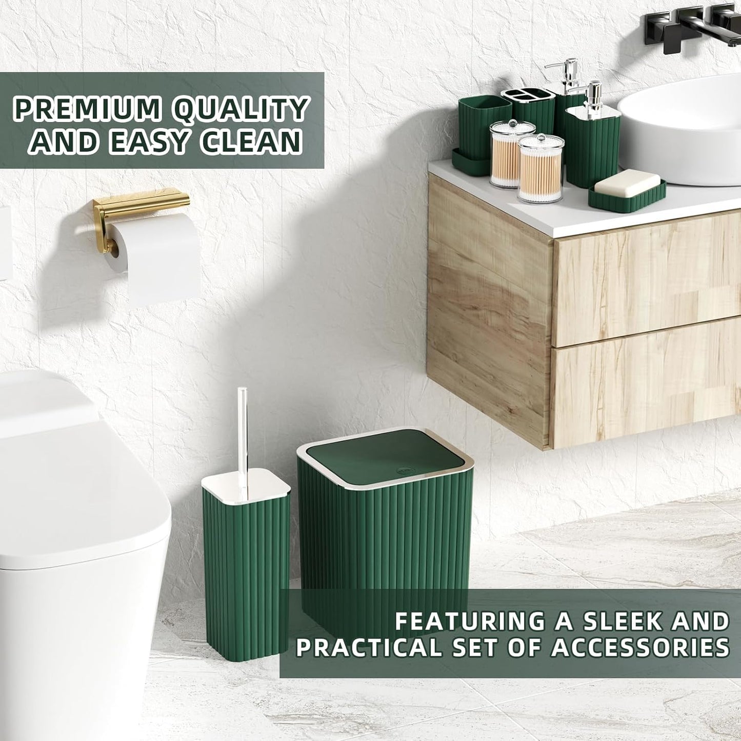 Bathroom Accessories Set - Gorgeous Green Bathroom Set, 10PC Green Bathroom Accessory Set, Bathroom Sets with Toilet Brush, Bathroom Trash Can