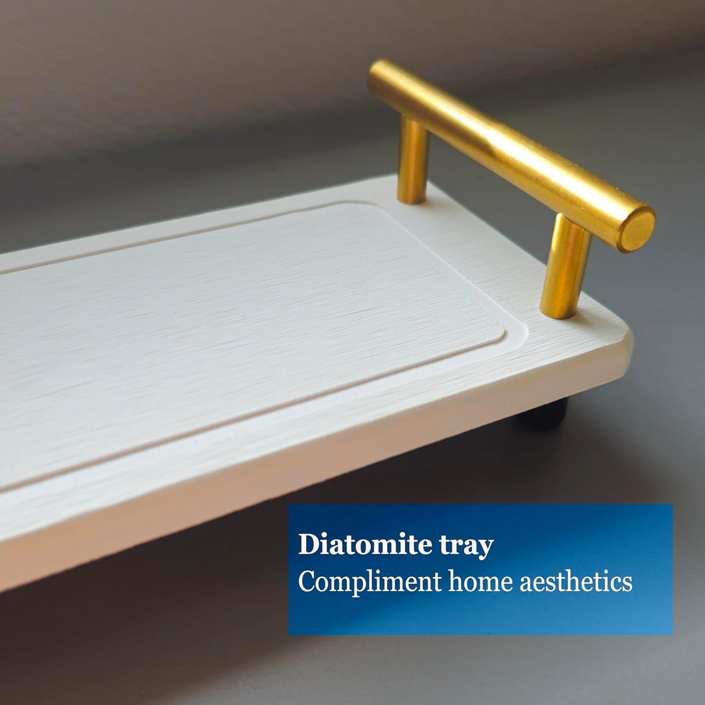 2Pcs Instant Dry Sink Tray, Water Absorbing Stone Caddy, Stone Drying Tray with Metal Handle, Kitchen Sink Organizer, Fast Drying Diatomite (White & Gold Handle, Large & Small)