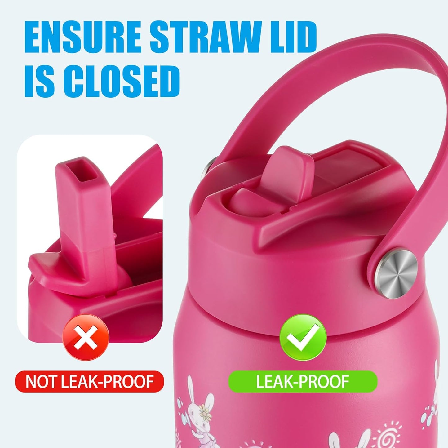 OLDLEY kids Water Bottle - 18oz Insulated Stainless Steel - Wide Straw Lid, Non Spill, Leakproof, Kids Water Bottle for School,Pink Bunny