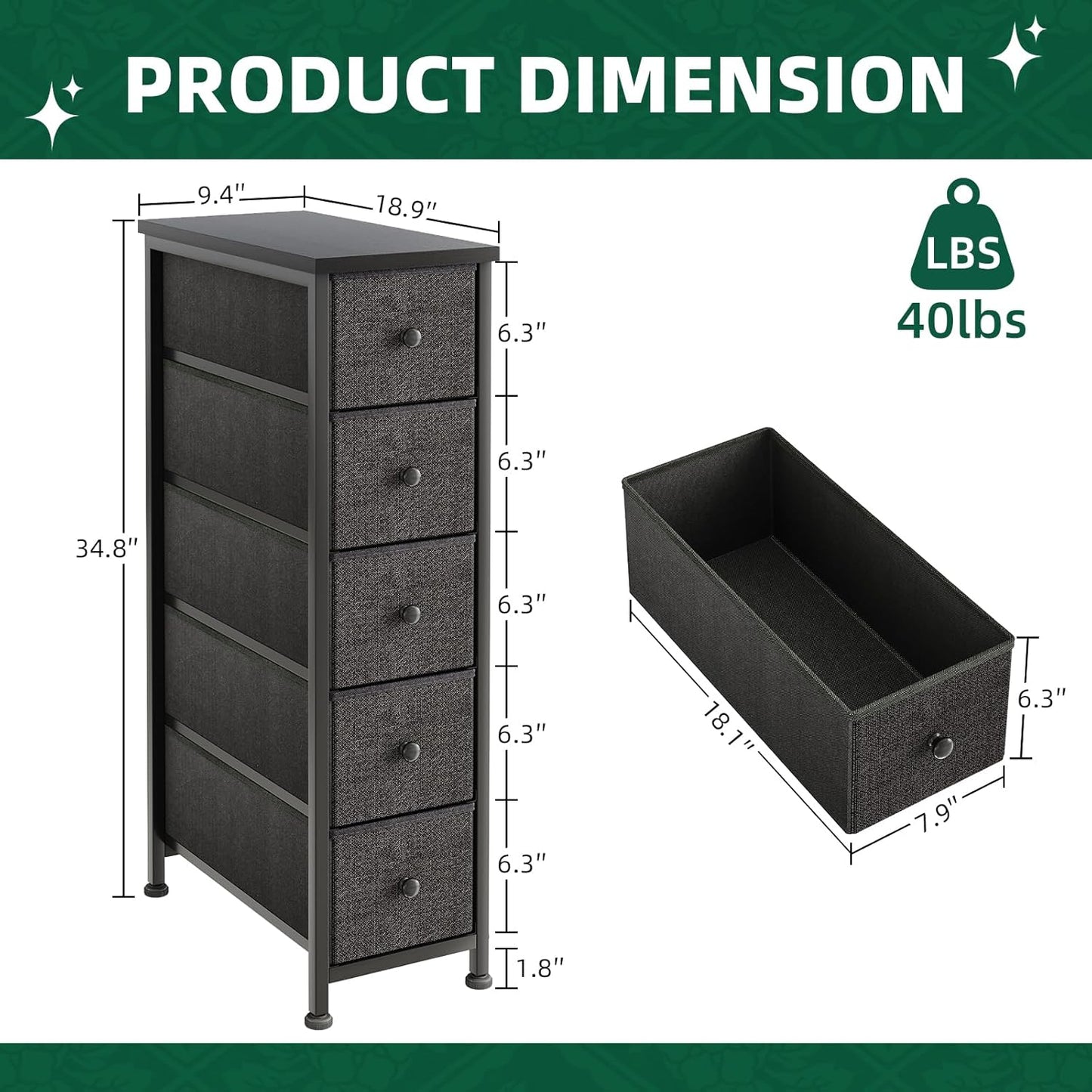 Narrow Dresser, 19" Wide Narrow Nightstand Dresser Storage Tower with 5 Drawers, Slim Fabric Dressers Chest of Drawers for Small Spaces, Wood Top & Fabric Bins for Bedroom Bathroom Closet (Black)