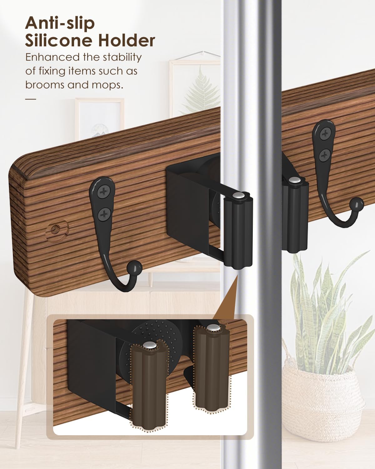 Broom Holder Wall Mounted, 4 Holders and 4 Hooks Mop Holder, Wooden Mop and Broom Holder with Anti slip rubber, Natural pine wood Brush Holder, Mop Wall Holde with Nail installation, Room Storage