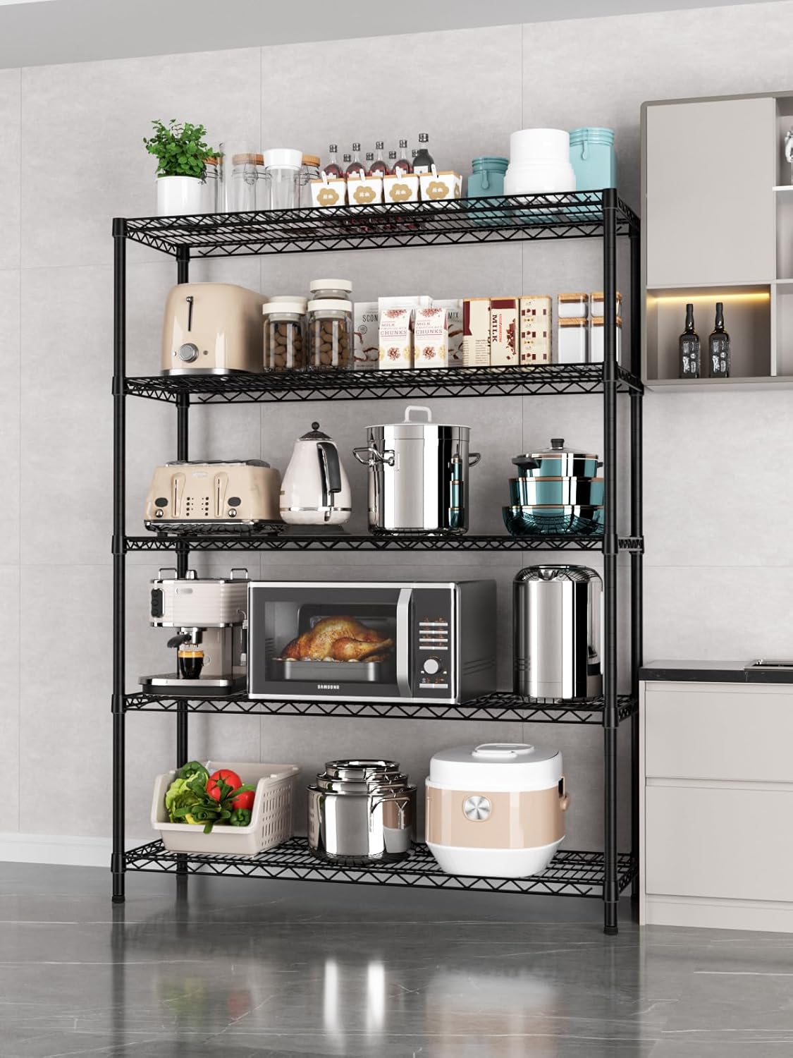 5 Tier Adjustable Storage Shelves Heavy Duty Metal Utility Shelf 1750LBS Capacity Wire Shelving Unit Organizer Rack for Home Kitchen Garage Pantry Room 18" D x 46" W x 77" H Black