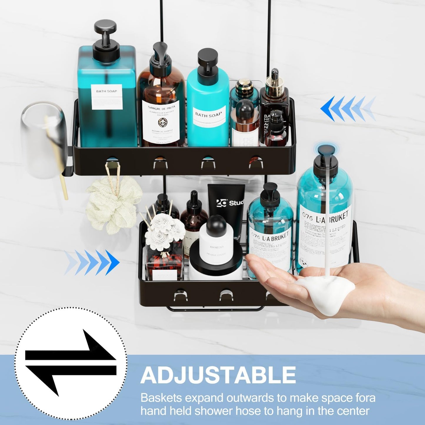 Bathroom Shower Caddy Hanging - Shower Organizer Hanging, Shower Caddy over Shower Head, Black Waterproof