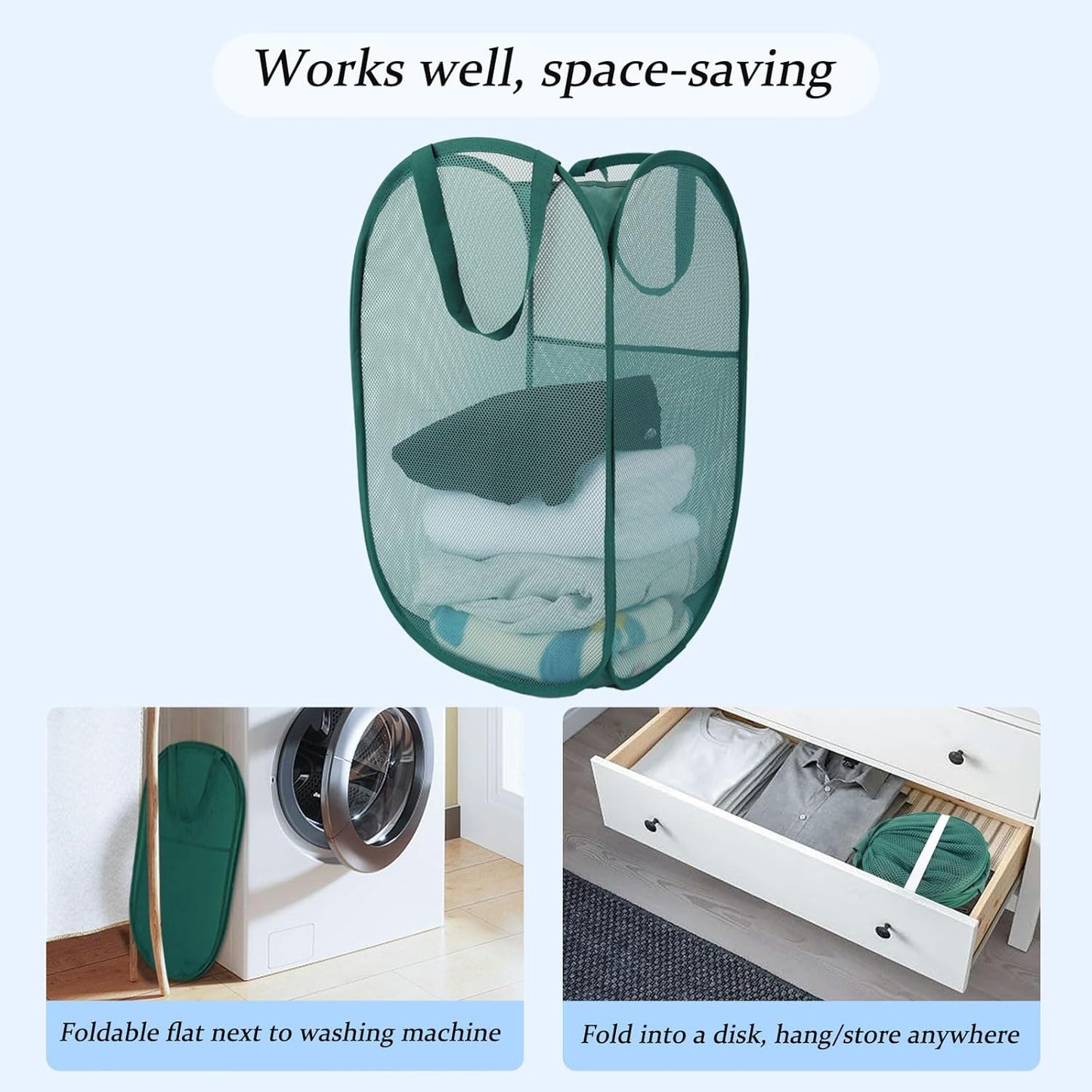 Upgraded 100L Extra Large Collapsible Laundry Baskets, 2 Pack XL Mesh Pop Up Laundry Hamper with Handles, Portable Travel Laundry Basket, Foldable Hamper. Green