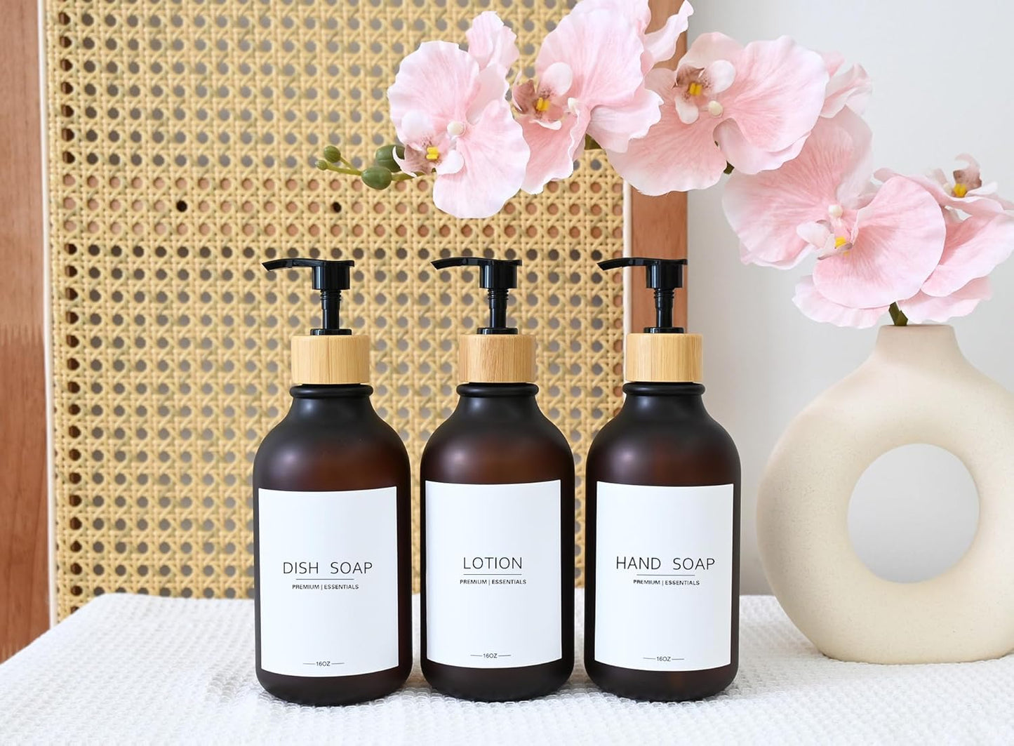 Frosted Plastic Shampoo and Conditioner Bottles, Apothecary Dispenser Bamboo Pump, Refillable Bottles for Shower Lotion, Oil, Hand Soap, Sanitizer, Liquid Soap, Set of 3 with 9 Labels (3, Matte Amber)