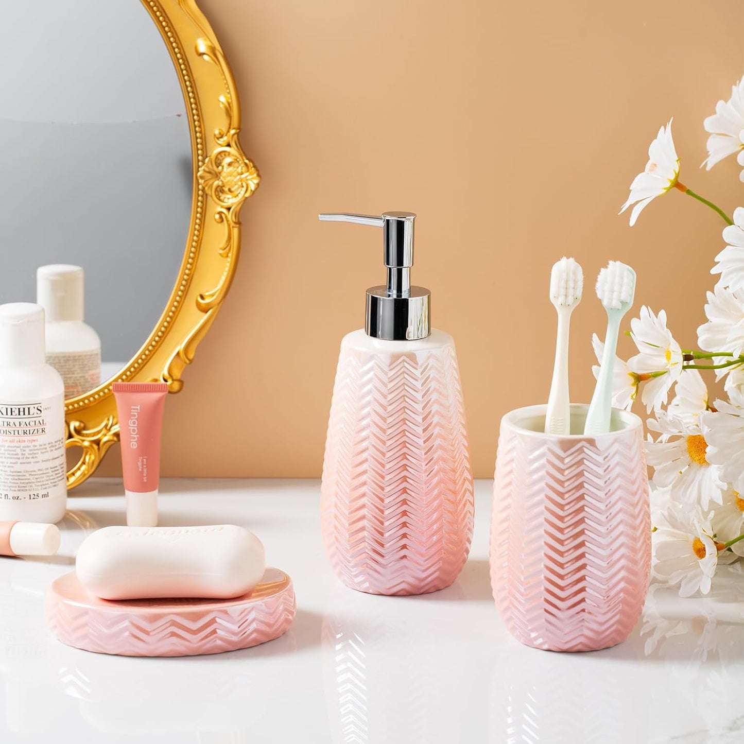 Bathroom Accessory Set, Pink Bathroom Decor, Pink Soap Dispenser, Soap Dish and Tumbler,Wavy Bathroom Accessories Set Complete.